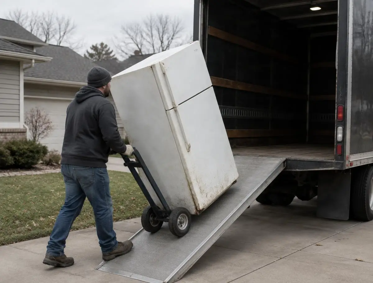 Refrigerator removal using a hand truck and ramp at a home in the Peoria IL area