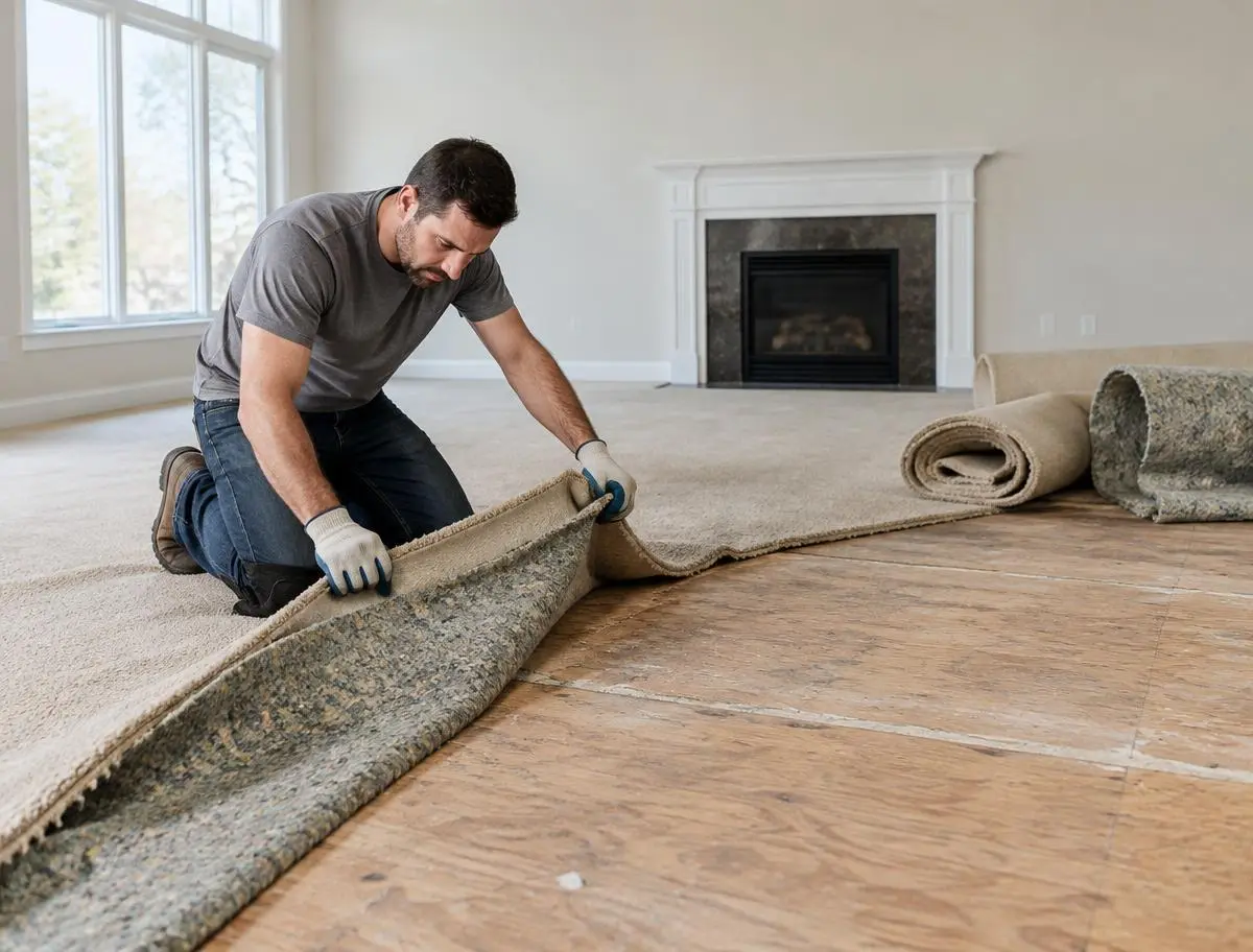 Worker pulling up old carpet and padding in a living room in Peoria IL