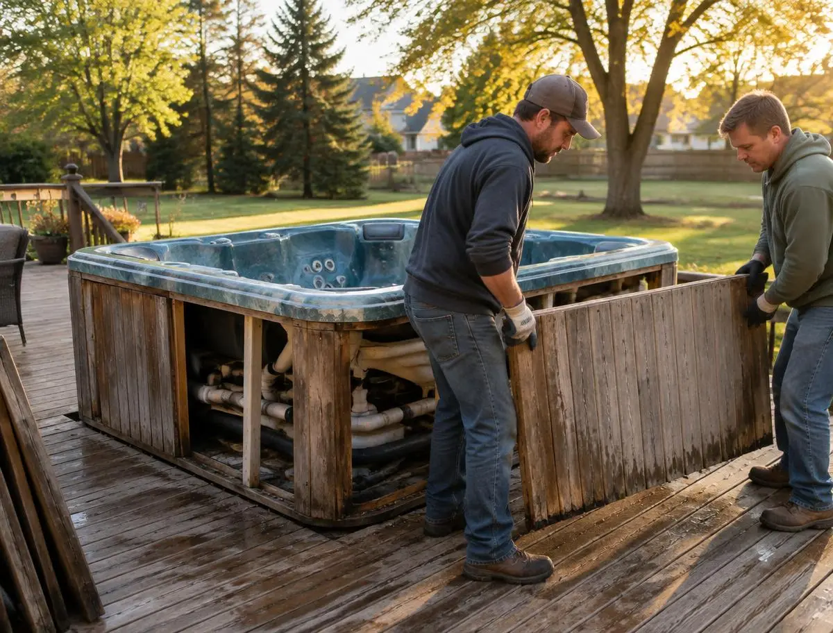 Hot tub removal from a wooden deck in Peoria IL