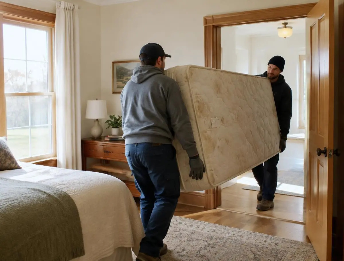 Two workers carrying an old mattress out of a bedroom in Peoria IL